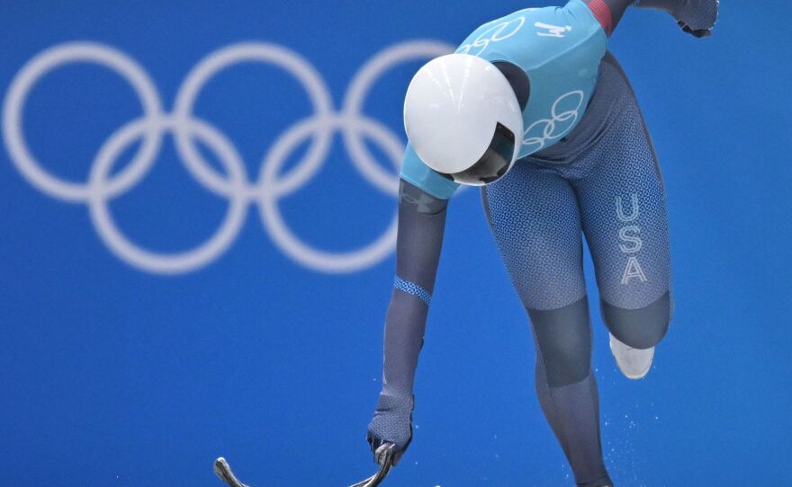 Kelly Curtis takes part in the women's skeleton training at the Yanqing National Sliding Center during the Beijing 2022 Winter Olympic Games.