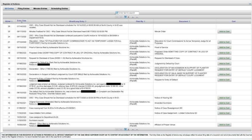 A screenshot of a case’s Register of Actions in San Diego Superior Court. The defendant’s name has been redacted.