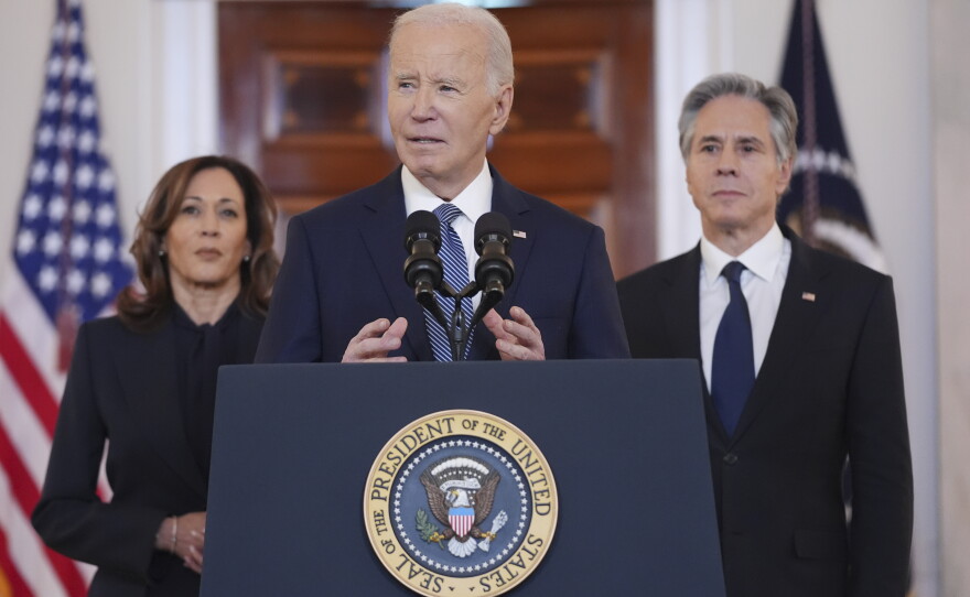 On Jan. 15, 2025, President Joe Biden, with Vice President Kamala Harris and Secretary of State Antony Blinken, speaks at the White House after an announcement of a ceasefire deal in Gaza.