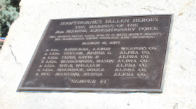 The names of fallen 1/9 Marines grace the side of the centerpiece of Veterans Memorial Park in Hawthorne, Nev., shortly after the plaque's unveiling May 18, 2013.