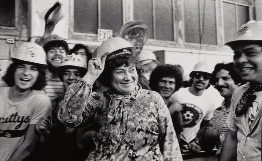 Bella Abzug and Hard Hats, Ellis Island, 1976