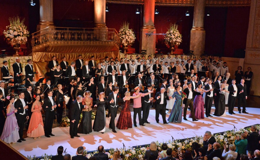 The cast, including the world-famous Vienna Boys’ Choir, perform the grand finale, “Champagne Is King” from the operetta "Die Fledermaus" at the Konzerthaus in Vienna, Austria.