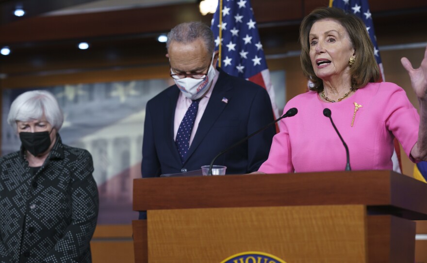 House Speaker Nancy Pelosi, Senate Majority Leader Chuck Schumer and Treasury Secretary Janet Yellen update reporters Thursday on Democratic efforts to pass President Biden's spending agenda.