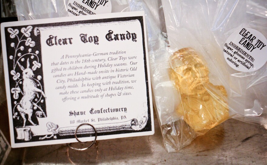 A clear toy candy President McKinley sits on the counter at Shane Confectionery.