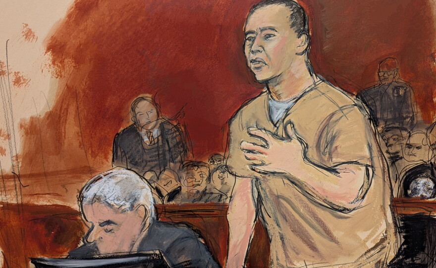 In this courtroom sketch, Guo Wengui, Chinese business tycoon, makes his sentencing statement at Manhattan federal court in New York, Monday, June 29, 2026.