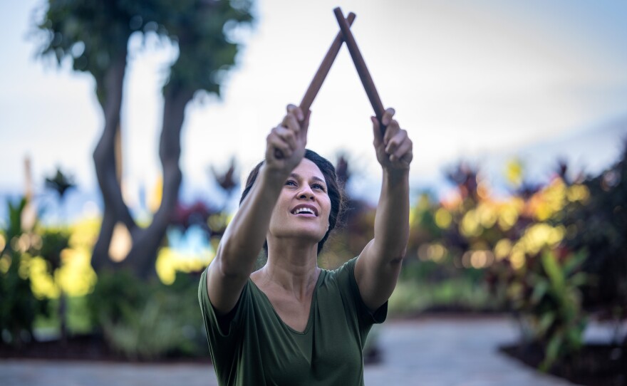 Hoku Pavao with MACC plays music during a hula class for children. Maui Arts and Cultural Center (MACC) Arts and Healing programming is held at the Royal Lahaina Resort where many displaced residents are temporarily staying.