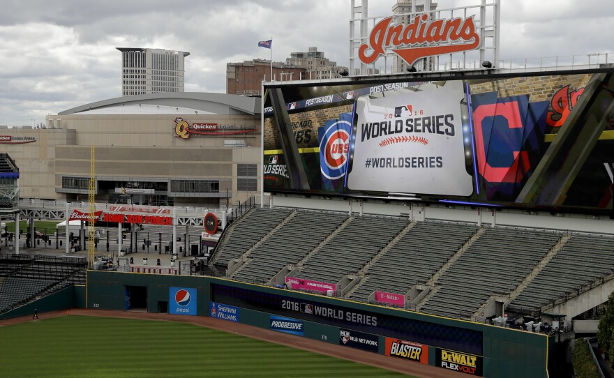 Progressive Field, home of the Cleveland Indians, is set up for Game 1 of the World Series against the Chicago Cubs on Tuesday night.