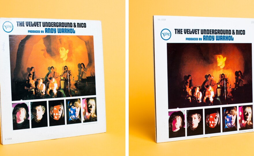 (Left) A version of the original pressing included an image of a man projected behind the band. After threats of lawsuits by the man, his likeness was obscured in subsequent pressings through retouching (right) or sometimes covered by a sticker.