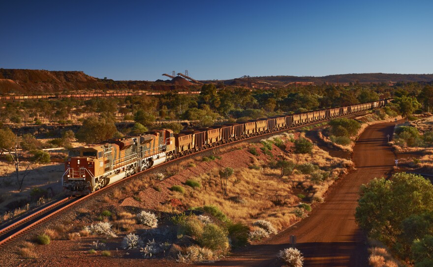 The BHP train that was derailed in Western Australia was loaded with iron ore, like this one in a photo provided by the company.