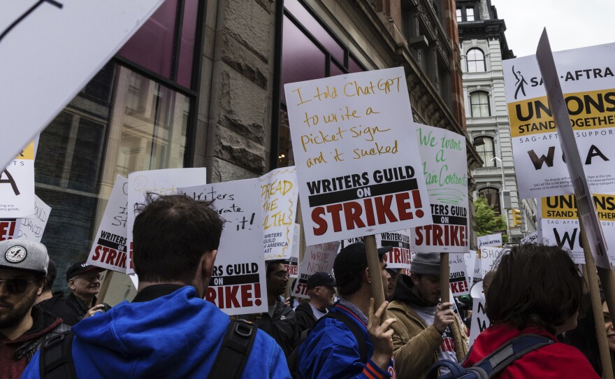 A WGA protest outside the Netflix headquarters in New York City.