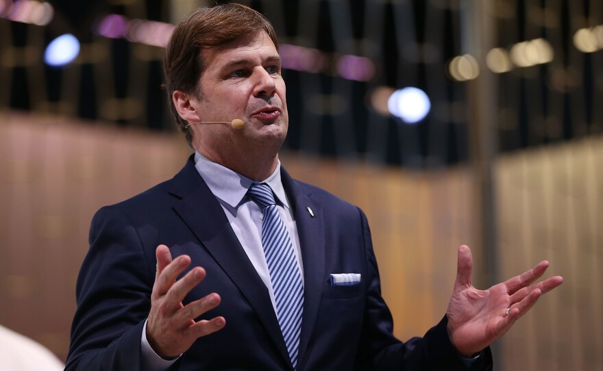 Current Ford CEO Jim Farley speaks at the New York International Auto Show event in New York City on March 28, 2018. Farley was then a senior executive at the automaker.