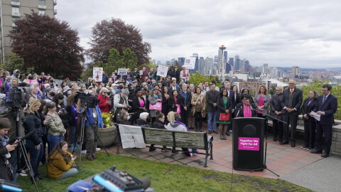 An abortion rights rally in a park overlooking Seattle in May 2022. Abortion pills will be offered in advance for future use at Planned Parenthood clinics in Washington state and Hawaii.