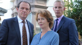 Kevin Whately as Inspector Lewis, Celia Imrie as Michelle Marber, and Laurence Fox as DS Hathaway in "The Soul Of Genius."