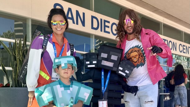 From Encinitas, (from left to right) Silvia Noriega, Kyle Jones, Leonardo Jones, and Jordan Jones pose for a photo at Comic-Con on Sunday, July 27, 2025.<br/>