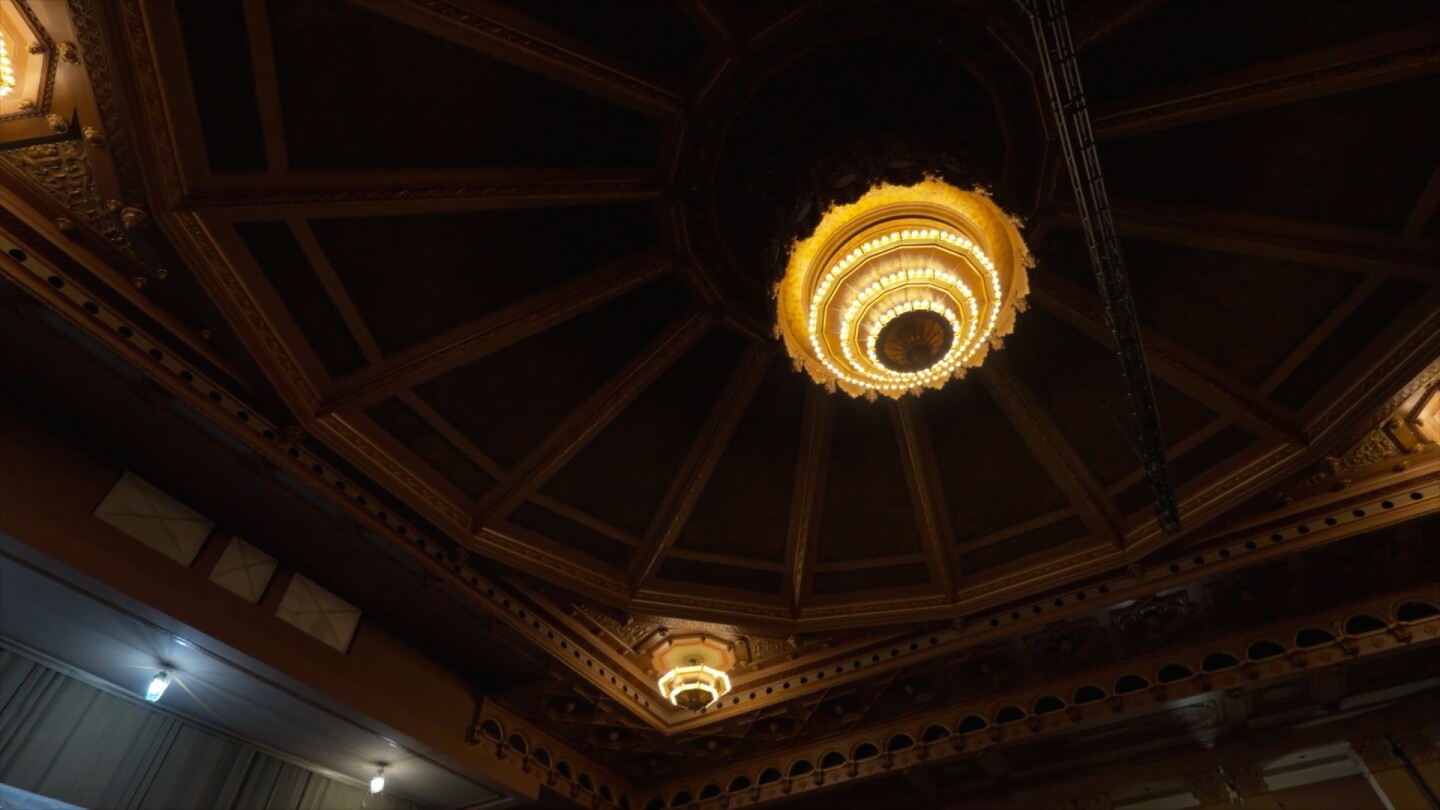 Symphony Hall's grand chandelier is shown in this undated photo