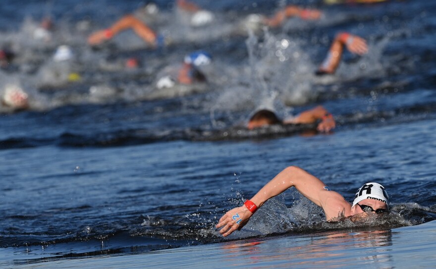 Germany's Florian Wellbrock competes to win and take gold in the men's 10km marathon swimming event on August 5.