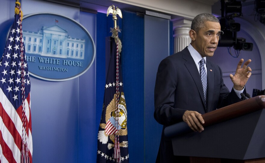 President Obama speaks in the Brady Press Briefing Room at the White House during a media briefing last month.