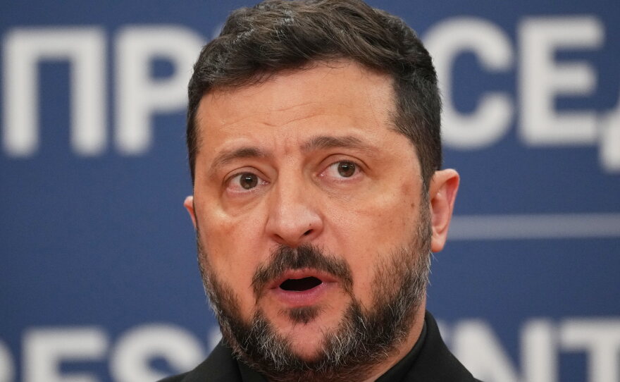 Ukraine's President Volodymyr Zelenskyy speaks during a press conference with his Serbian counterpart Aleksandar Vucic at the Serbia Palace, in Belgrade, Serbia, Saturday, Aug. 8, 2026.
