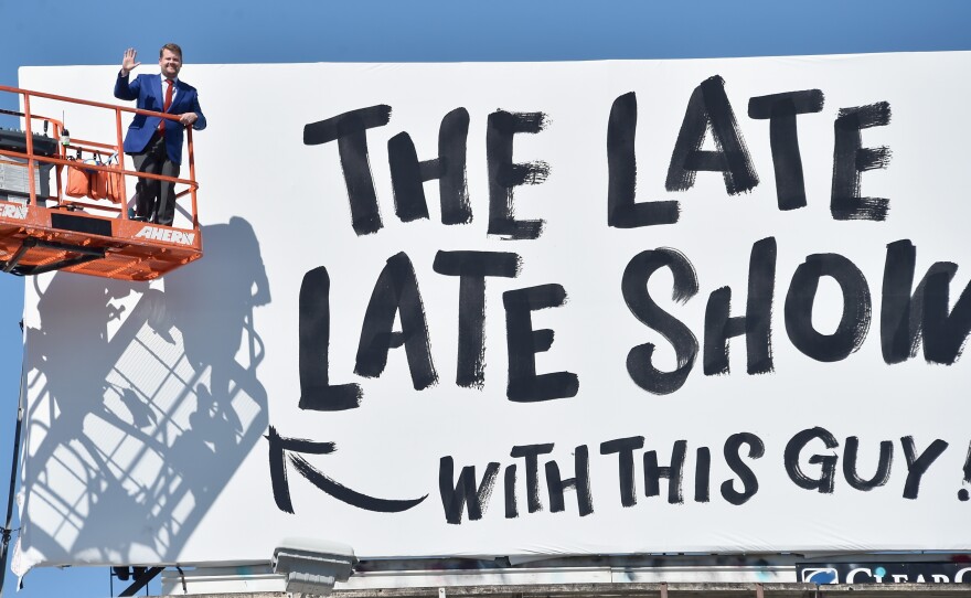 James Corden puts up his own billboard in Los Angeles before debuting on <em>The Late Late Show</em> in 2015.