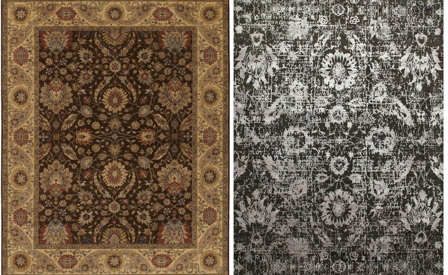 The new version (right) of a traditional Indian rug is more contemoprary — no border, more texture, a gray palette.