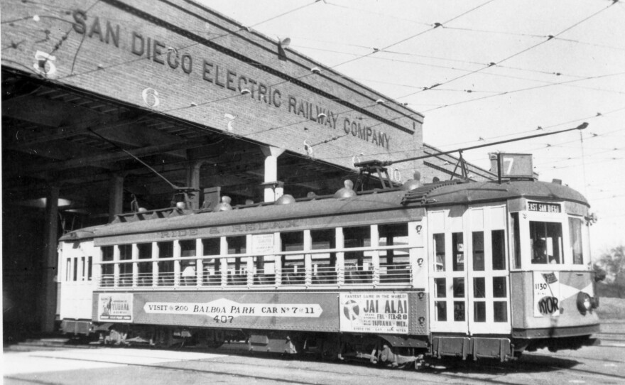 A San Diego Electric Railway Company streetcar is seen at a depot in this photo dated around 1930.