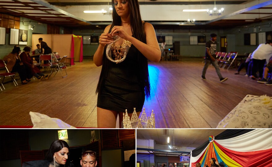 <strong>Clockwise:</strong> Chedino prepares the crowns for the winners of her Miss Calendar Girl beauty pageant at the Retreat Hotel in Retreat, Cape Town, South Africa, in 2022. Chedino cheers on the contestants during the pageant — she wasn't allowed to be a judge as she was the organizer. Chedino discusses the running order with her emcee, Beyoncé, during the pageant.