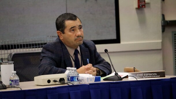 South Bay Union School District Superintendent José Espinoza listens during a school board meeting on Thursday, Nov. 6, 2025.