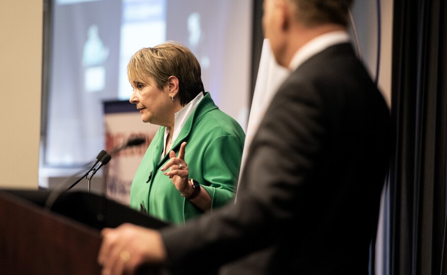 Judge Janet Protasiewicz points at former Justice Dan Kelly during a debate Tuesday, March 21, 2023, at the State Bar Center in Madison, Wis.