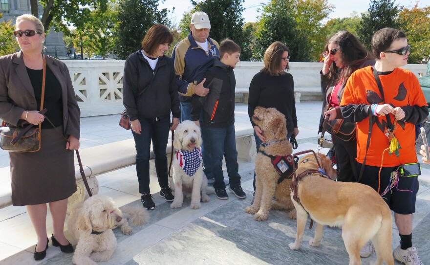 Families from 4 Paws for Ability, a nonprofit that places service dogs with children with disabilities, brought their service dogs to the Supreme Court on Monday in support of the Fry family.