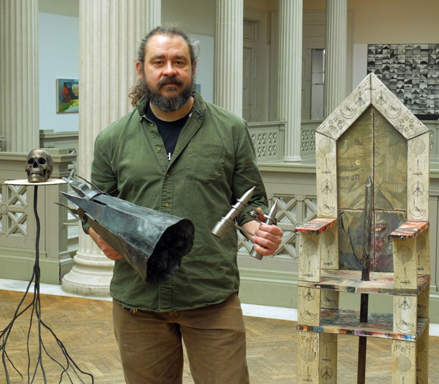 Tom Pullin with his sculptures at the Corcoran College of Art + Design.