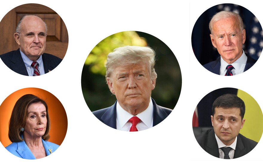 Clockwise from top left: Rudy Giuliani, President Trump, former Vice President Joe Biden, Ukrainian President Volodymyr Zelenskiy and House Speaker Nancy Pelosi.