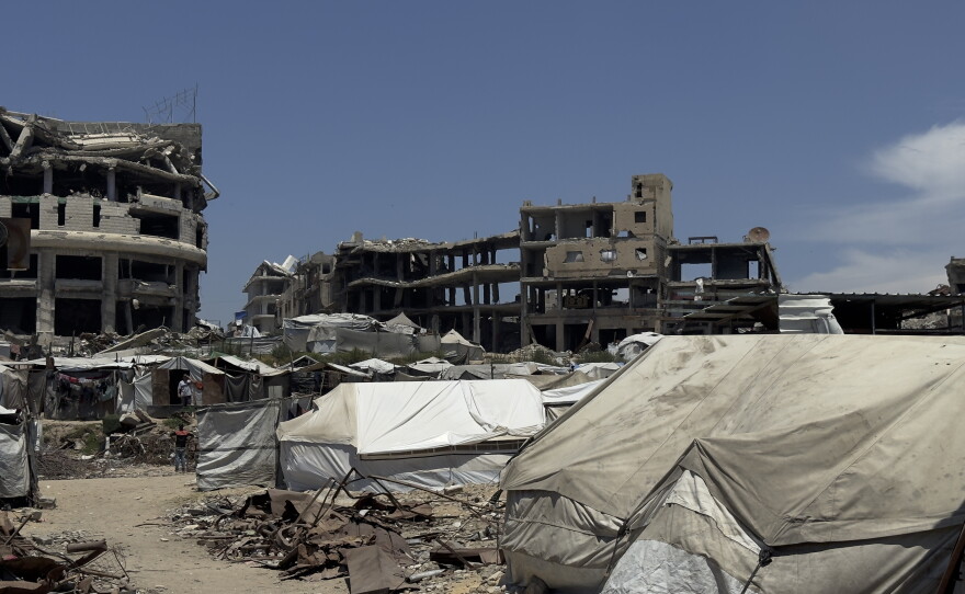 Tents stand amid the rubble of destroyed homes in al-Shujaiya, Gaza Strip, where displaced families endure harsh living conditions inside a new orange zone with nowhere else to go, on May 31.