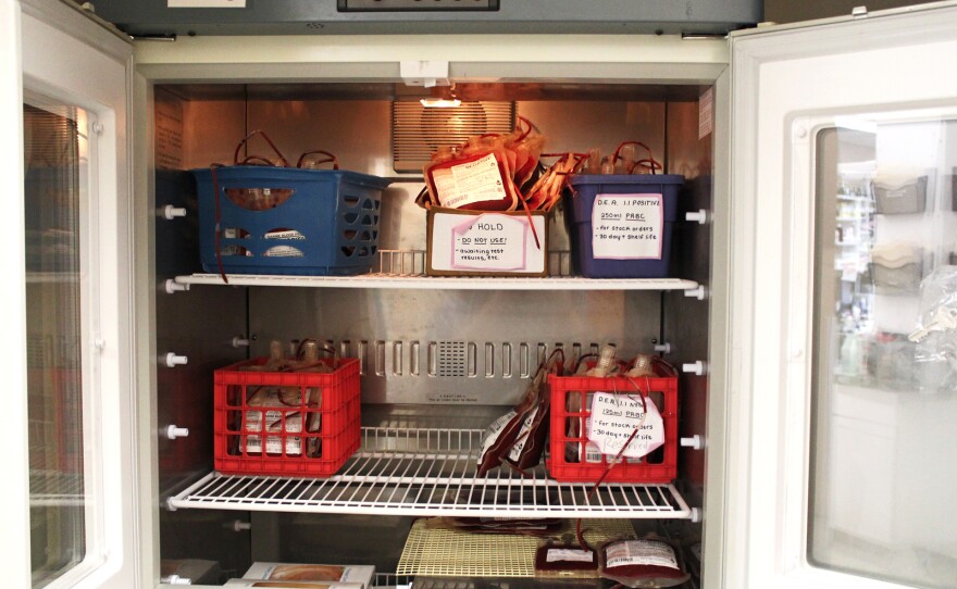 "It's pretty slim pickin's," Blue Ridge Veterinary Blood Bank manager Jocelyn Pratt says of the fridge where she stores packed red blood cells before they are mailed out. More than half of these will be gone by the end of the day, she predicts.