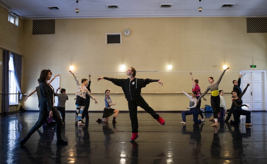 Performers with the Kyiv National Ballet rehearse for a production of <em>The Snow Queen</em> at the National Opera in Kyiv on Sunday.