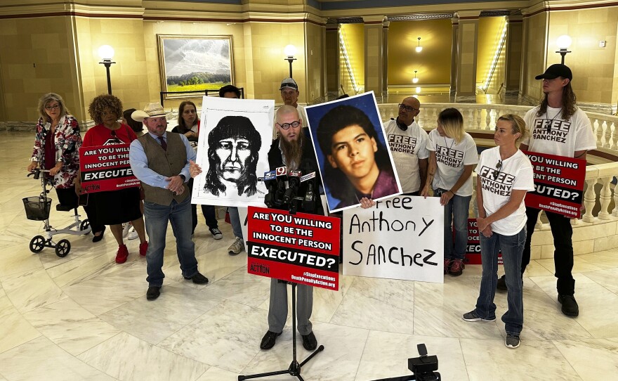 The Rev. Jeff Hood and supporters of Oklahoma death row inmate Anthony Sanchez proclaim his innocence during a news conference at the Oklahoma Capitol in Oklahoma City on May 25.
