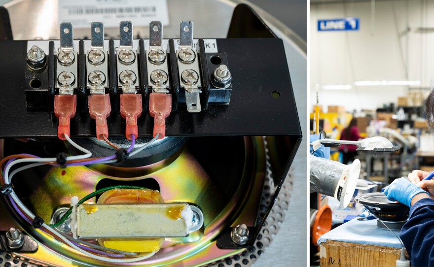 Mariela Sanchez checks the cables and routes wires to the speaker, soldering the wires and cutting them to size at MISCO's factory in St. Paul, Minn.