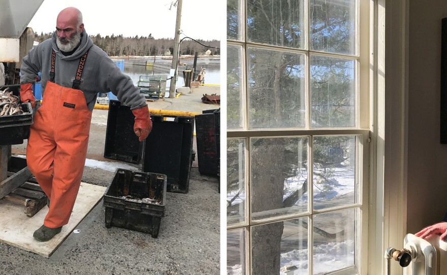 Crew members Robert Stanley (left) and Mike Bragdon of Lobster Trap prepare containers of salted herring as lobster bait. At right, Charles Rudelitch, executive director of the Sunrise County Economic Council, says immigrants and other newcomers are key to sustaining the economy of Milbridge and its surrounding towns.