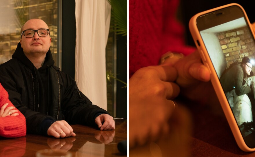 Olena Pryk (left) and her husband Kirill Stepanets, who run <a href="https://hiddenkyiv.com/">hiddenkyiv.com</a> where they offer tours of unusual sights in Kyiv, including old bunkers. Right: Pryk shows a video of Stepanets exploring through a tight crawl-space in one of their expeditions.