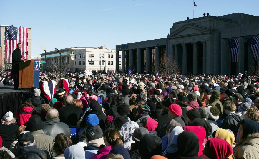 Barack Obama speaks to a crowd of thousands who turned out on a cold February day in 2007 to hear him announce his candidacy for president.