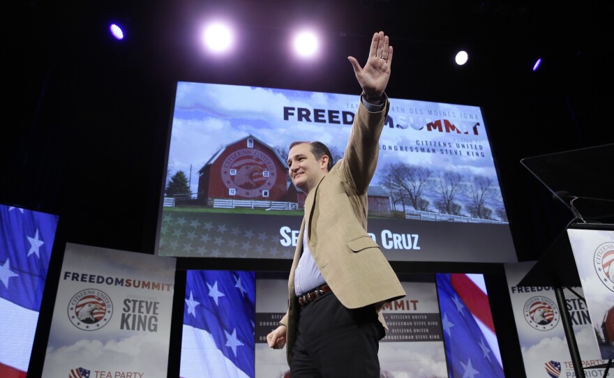 Sen. Ted Cruz, R-Texas, leaves the stage after speaking at the Iowa Freedom Summit on Saturday in Des Moines, Iowa.