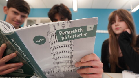 High school students from left, Vasilije Stjepanovic, Aslan Ozhan Kilicasan and Melina Sallahi pose with a history text book at Malmo Borgarskola high school in Malmo, Sweden, May 21, 2026.