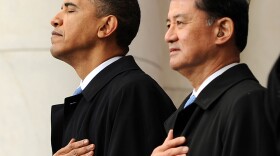 Veterans Affairs Secretary Eric Shinseki and President Obama mark Veterans Day on Wednesday during a ceremony at the Memorial Amphitheater at Arlington National Cemetery in Virginia.