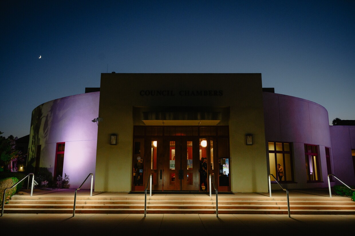 The moon rises over the Chula Vista City Council chambers on Sept. 19, 2023.