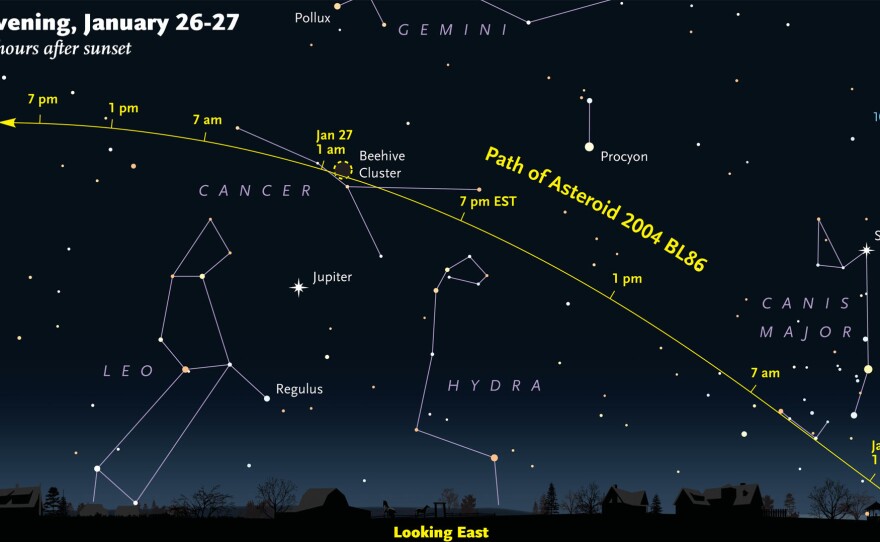 Asteroid 2004 BL86 will be visible in parts of the sky tonight. Visibility is expected to peak around 9 p.m. ET, as shown in this NASA graphic.