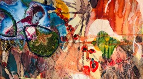 A mixed media paper and thread work by border artist Griselda Rosas