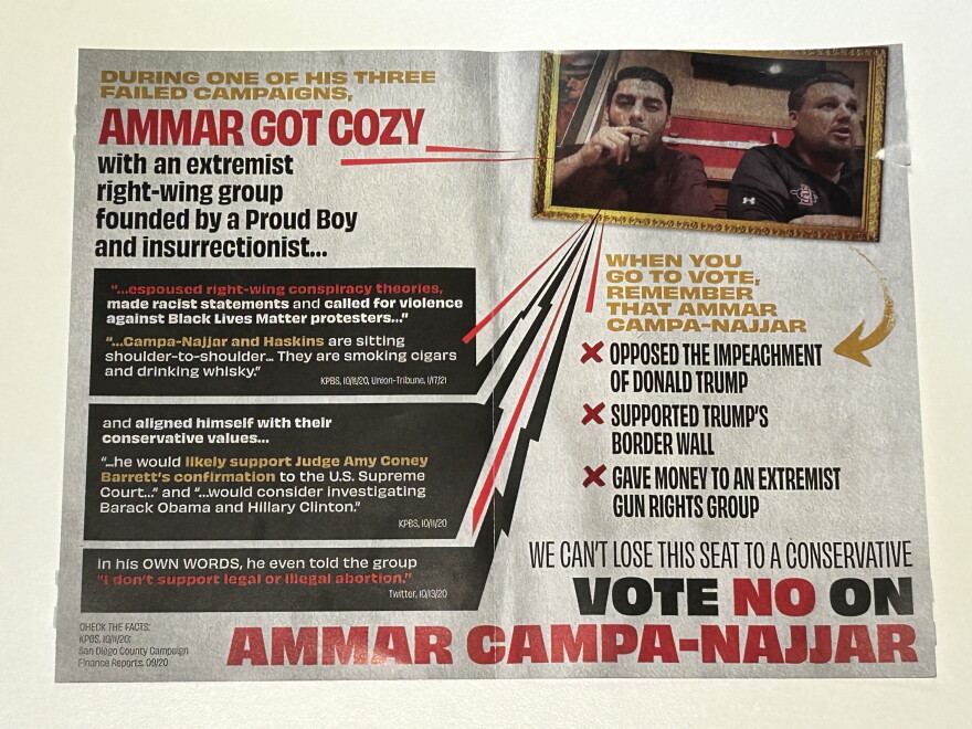 A photo of a campaign mailer sent by "Veterans for Truth PAC" opposing congressional candidate Ammar Campa-Najjar. Photo by Jake Gotta.