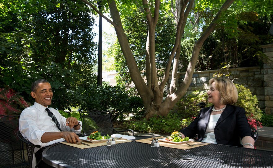 Obama has lunch with Clinton on the patio outside the Oval Office on July 29, 2013, after she ended her tenure as secretary of state.