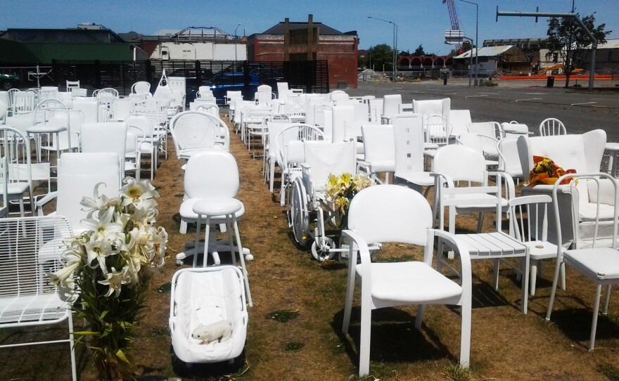A memorial comprising empty chairs commemorate the 185 people killed by the Christchurch earthquake on Feb. 22, 2011.