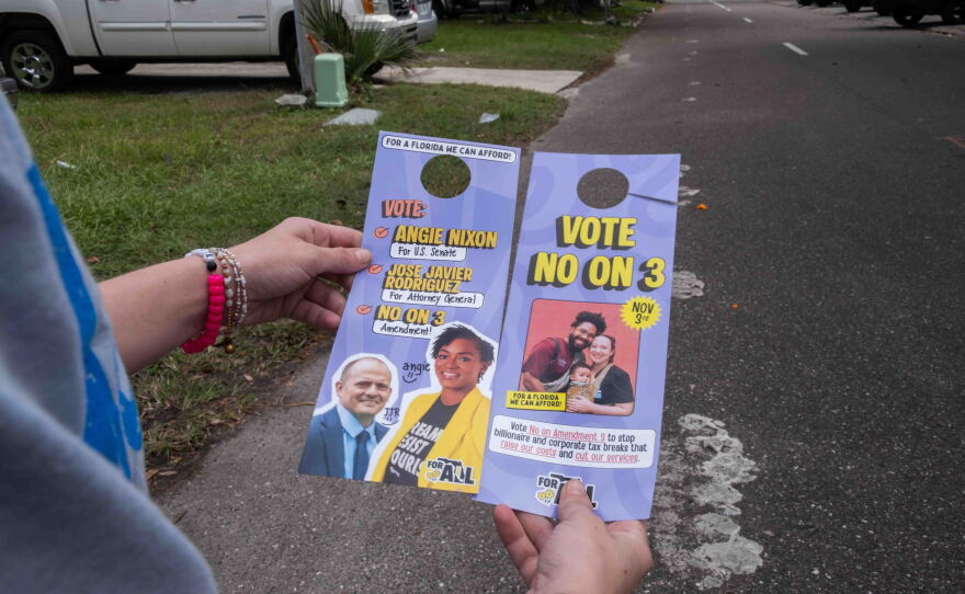 Florida Rising made door hangers to leave on residents' doors, encouraging them to vote no on Amendment 3, a proposed increase to Florida's property tax exemption.