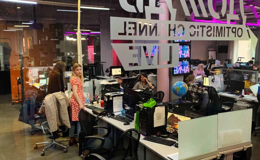 Borzunova stands in the TV Rain newsroom. TV Rain, which at first called itself "the optimistic channel," has become an alternative to state television.